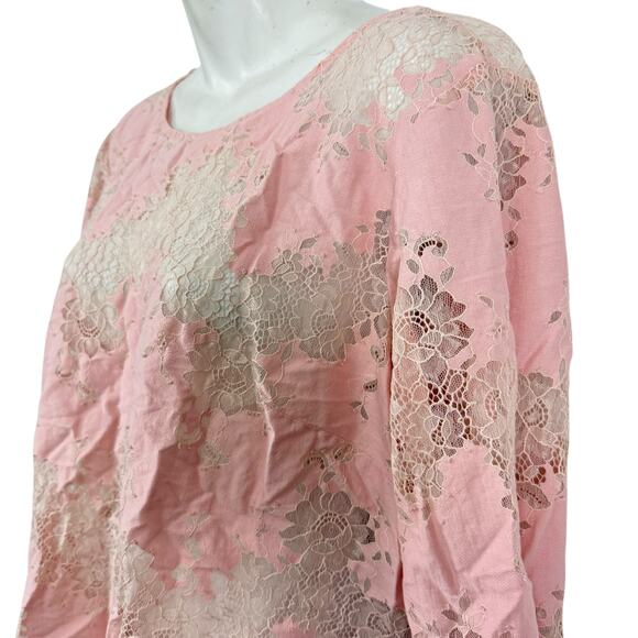 Linea by Louis Dell'Olio Pink Lace Sheer 3/4 Sleeve Womens Top Shirt sz 14 - Picture 10 of 16